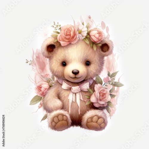 Cute bear in a clearing with flowers on a white background.