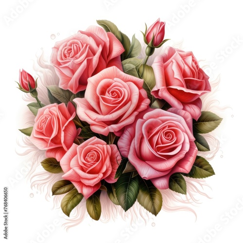 Bouquet of Pink Roses on White Background