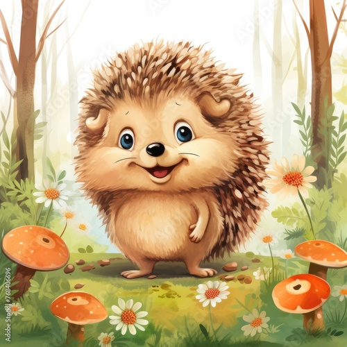 Cute cartoon hedgehog against the background of an autumn forest. © Boomanoid