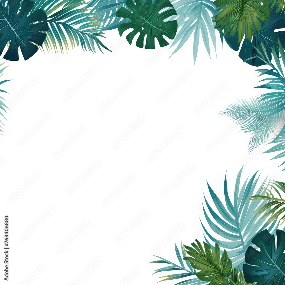 Square frame with tropical leaves on white background