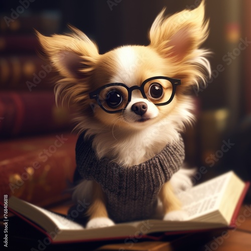 Small Dog Wearing Glasses Sitting on Book © Boomanoid