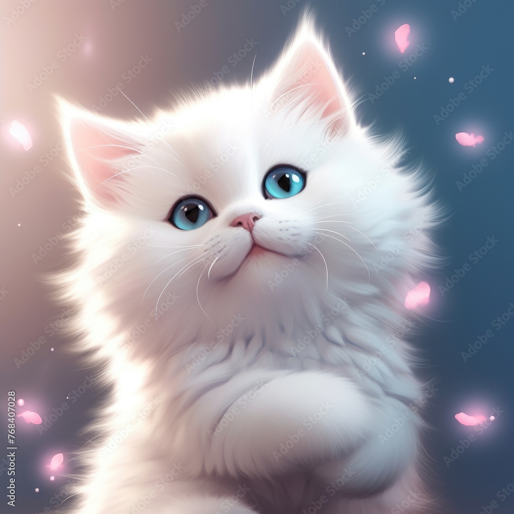 A surprised white fluffy kitten with blue eyes looks up. A surprised white fluffy kitten with blue eyes looks up.