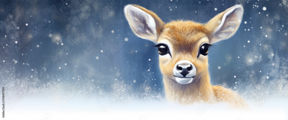Cute baby deer against the backdrop of a Christmas snowy landscape.