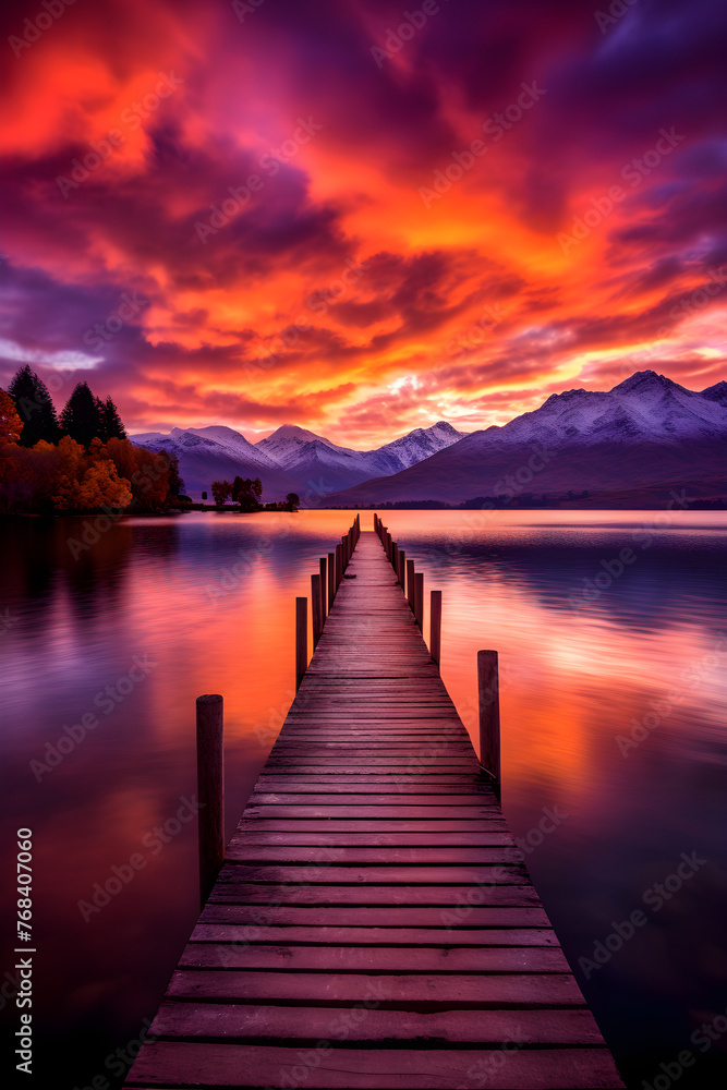 Stunning Display of a Fiery Sunset Over the Peaceful Waters and Majestic Mountain Ranges - A Captivating Visual Treat by DG Designer