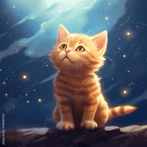 A cute orange tabby kitten sits on the ground and looks at the night starry sky.