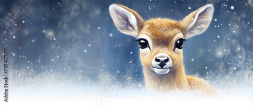 Cute baby deer against the backdrop of a Christmas snowy landscape.