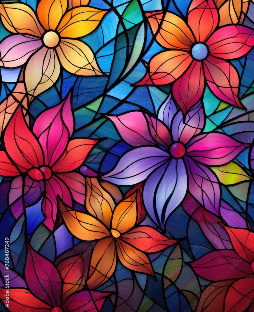 Stained glass window featuring flowers and leaves Stained glass window featuring flowers and leaves