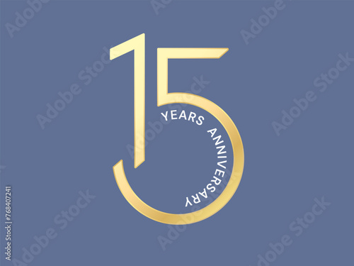 15th Anniversary luxury gold celebration letter "years anniversary Curving in shape number 5 font" Typography logo vector illustration design concept. Fifteen years anniversary gold logo template.