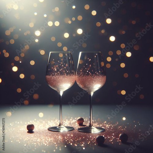木のテーブルの上にシャンパンを2杯、スパークリングワインと紙吹雪、キラキラ、蛇紋岩、クリスマスの飾り。 photo