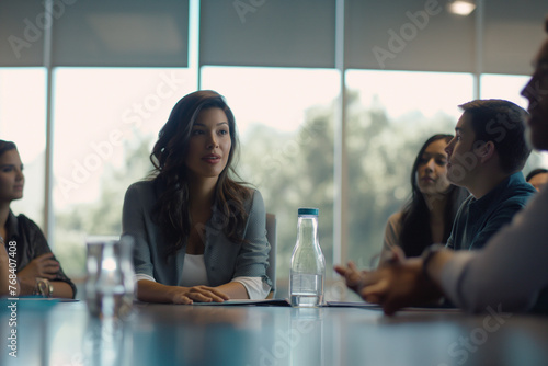 Young professional dark-haired woman talking in meeting in conference room
