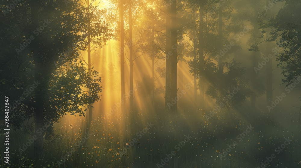 A breathtaking view of sunlight filtering through the misty air in a dense, enchanted forest