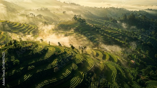 GPT aerial view, tea plantation, terraces, mist, early morning, agriculture, green hills, landscape, nature, sun rays, lush fields, farming patterns, rural scenery, hazy, serene, golden light, winding