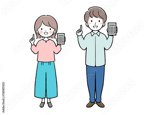 電卓を持って指差しをする私服の女性と男性