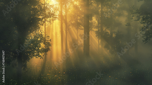 A breathtaking view of sunlight filtering through the misty air in a dense, enchanted forest