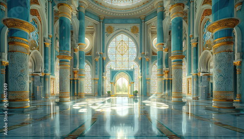 Interior of fantasy mosque  symmetrical design  light blue and gold color scheme  large open space in the center with tall marble columns surrounding it. Created with Ai
