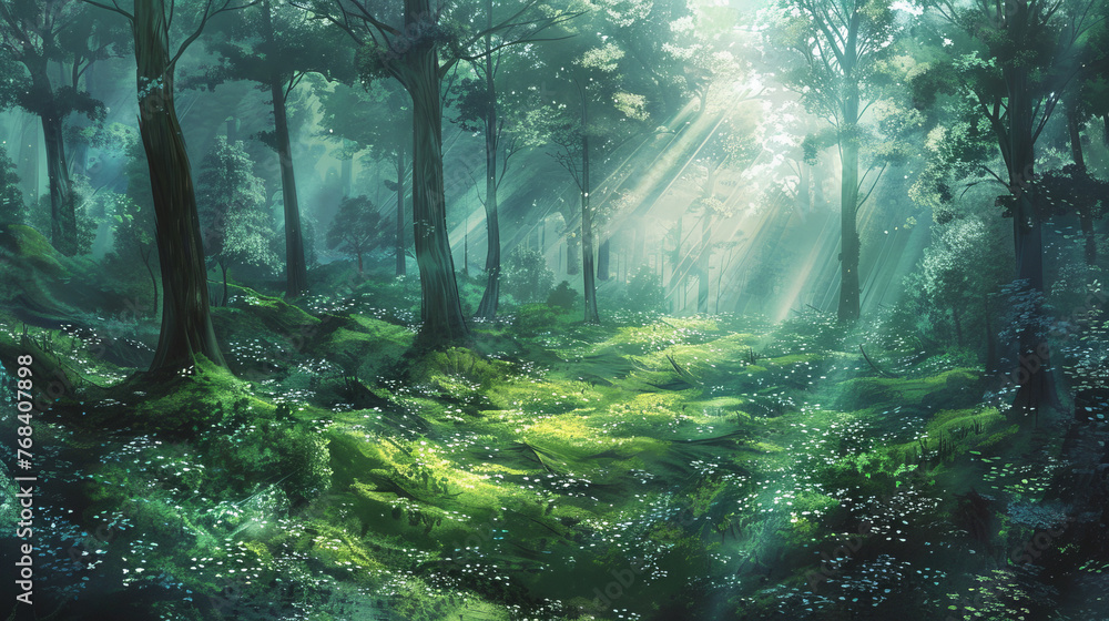 An ethereal digital art depicting a magical forest with a carpet of flowers lit by golden sunlight