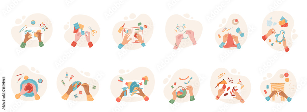 Fototapeta premium Colorful isolated hands making handcraft activity set, handicraft craftwork top view abstract collection, handmade DIY craft children hobby vector illustration, creative art group banner concept.