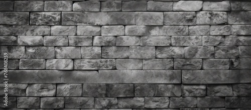 A grayscale image featuring a rectangular stone wall made of bricks. The pattern and texture of the brickwork create an interesting visual pattern