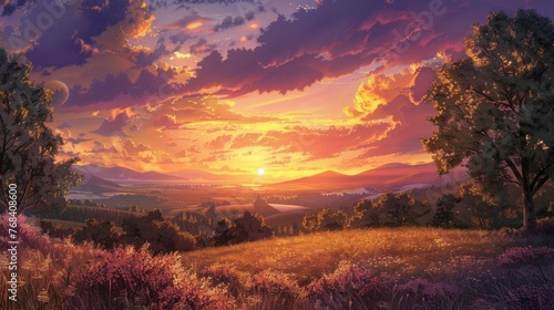 A panoramic view of a serene countryside as the sun sets and the sky transitions from orange to pink and purple.