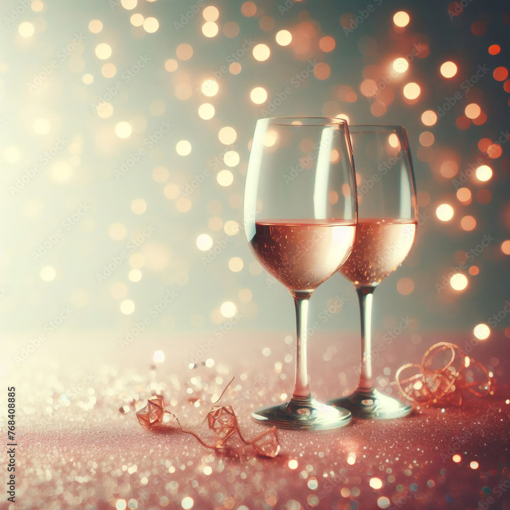 ゴールドの輝きのボケ味の背景を持つお祝いの乾杯用のシャンパン。柔らかく明るい金色のボケ味の前にスパークリング ワインのグラス。