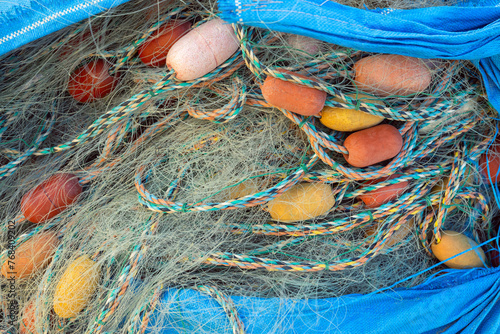 multi-colored fishing net in a bag close-up