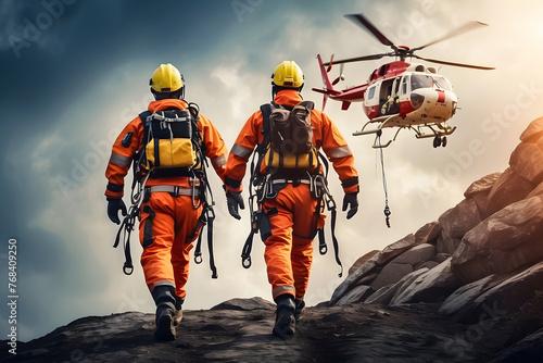 Two paramedics with safety harnesses and climbing equipment ran to the helicopter emergency medical service. Themes: rescue, help and hope photo