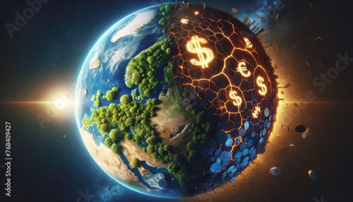 conceptual illustration of earth with one half flourishing in greenery and the other burning with financial symbols, earth, world, global, finance, economy, money, greenery, nature, environmental