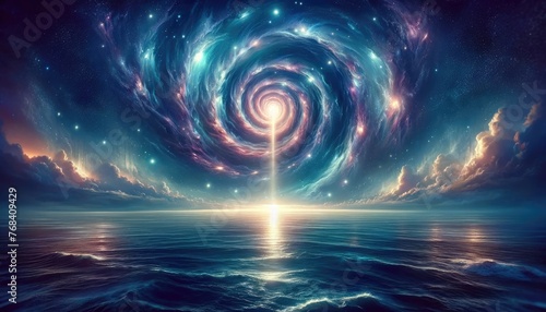 mystical cosmic vortex above tranquil sea depicting an interstellar gateway with spiraling nebula clouds and shining stars, cosmic, vortex, sea, tranquil, interstellar, gateway, spiral, nebula, clouds