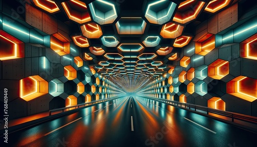 futuristic tunnel illuminated by hexagonal lights in vibrant hues creating a high-speed effect, tunnel, futuristic, illuminated, hexagonal, lights, vibrant, speed, architecture, modern, design