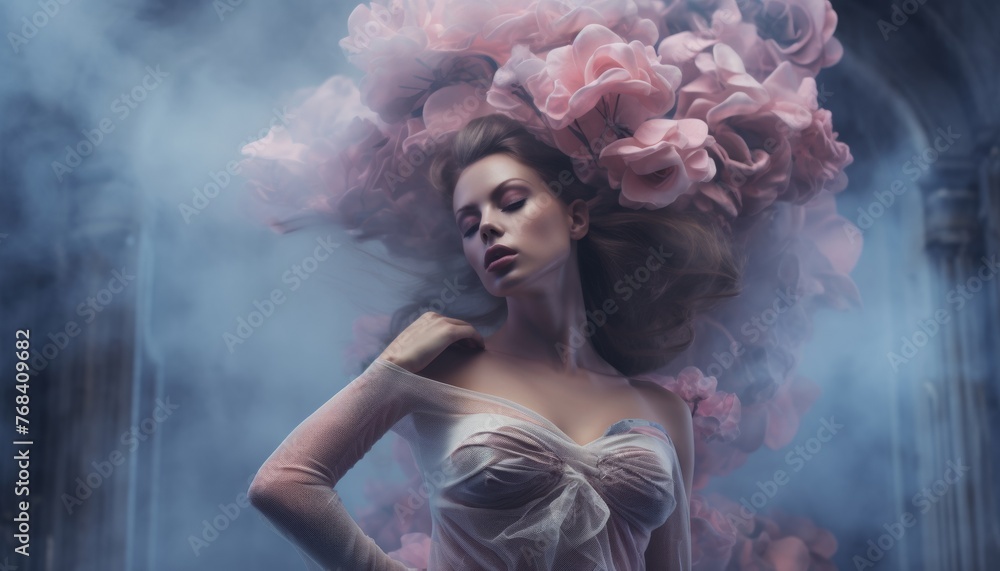 a young woman immersed in a haze of smoke, adorned with blooming flowers that gracefully conceal her face and body, evoking a sense of mystery and beauty. a young woman immersed in a haze of smoke, adorned with blooming flowers that gracefully conceal her face and body, evoking a sense of mystery and beauty.