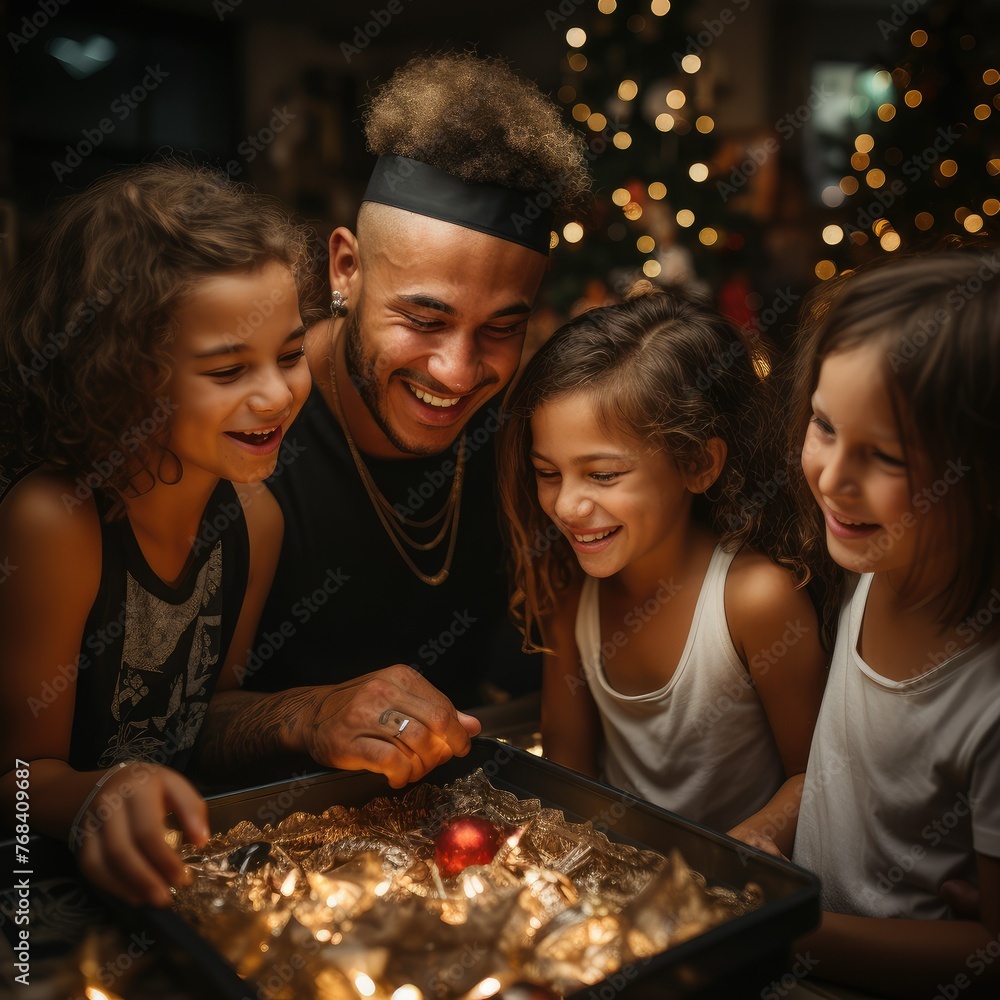Naklejka premium A man and three children smile while looking at a tray of Christmas lights