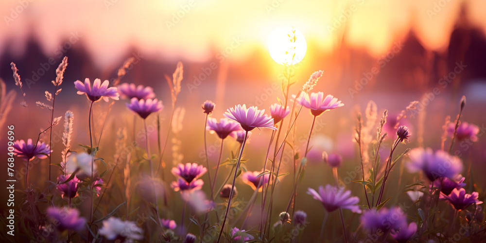 field of flowers, Nature floral background in early summer, Colorful natural spring landscape with with flowers, soft selective focus, Generative AI 