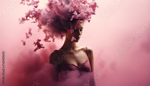 a young woman immersed in a haze of smoke, adorned with blooming flowers that gracefully conceal her face and body, evoking a sense of mystery and beauty.