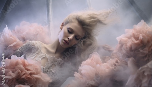 a young woman immersed in a haze of smoke, adorned with blooming flowers that gracefully conceal her face and body, evoking a sense of mystery and beauty.