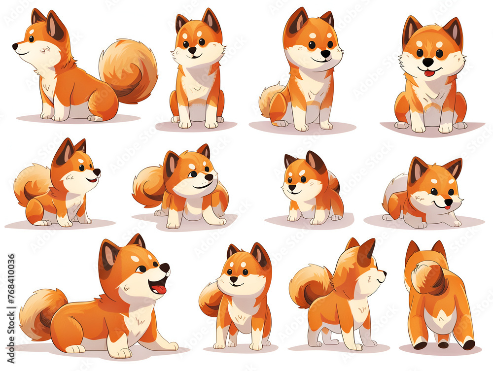 Fototapeta premium set of cartoon dogs, cute shiba inu dogs