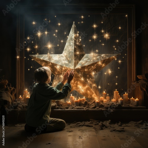 A boy kneels before a Christmas star in a window, gazing up at the sky in awe