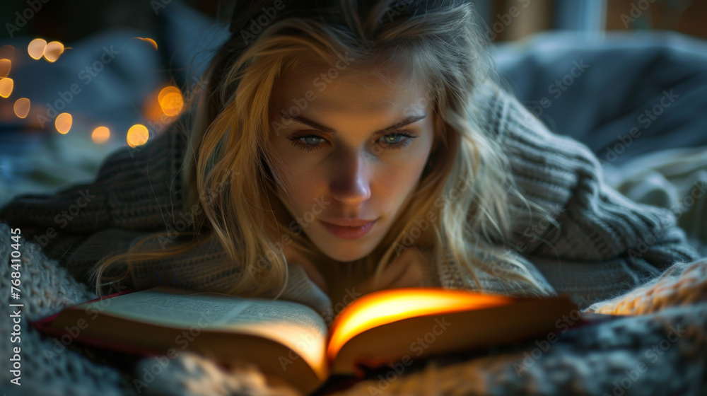 A serene moment captured as a young woman reads a book under the cozy glow of warm lights. A serene moment captured as a young woman reads a book under the cozy glow of warm lights.