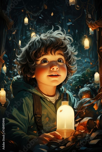 a young boy is holding a candle in a dark forest