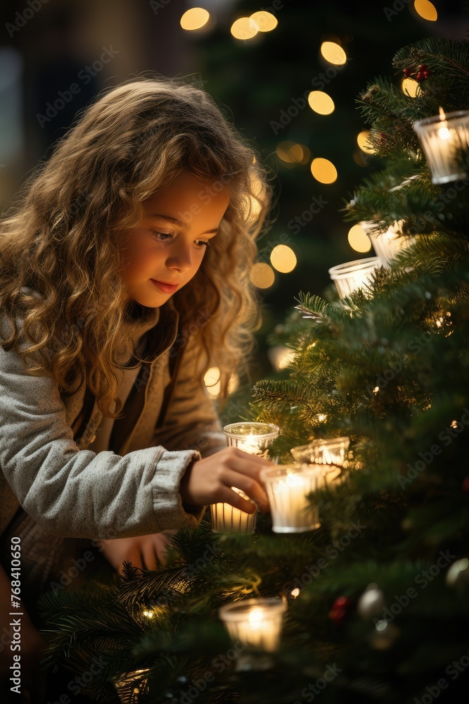 Happy toddler decorates Christmas tree with candles, smiling Happy toddler decorates Christmas tree with candles, smiling