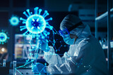 Digital image of blue virus against scientist working in laboratory 
