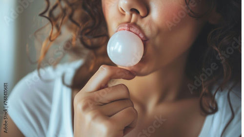 girl enjoying a moment of relaxation while chewing bubble gum photo