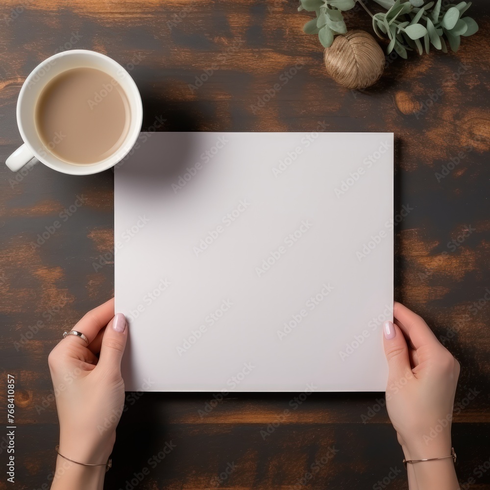 A person holds a blank piece of paper and a cup of coffee. The scene suggests a moment of contemplation or reflection, as the person is holding the blank paper and the coffee cup A person holds a blank piece of paper and a cup of coffee. The scene suggests a moment of contemplation or reflection, as the person is holding the blank paper and the coffee cup