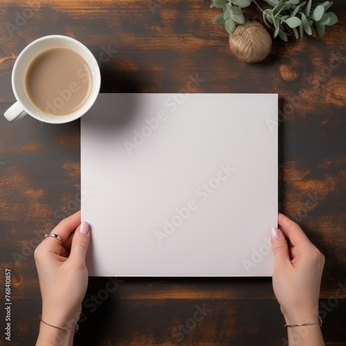 A person holds a blank piece of paper and a cup of coffee. The scene suggests a moment of contemplation or reflection, as the person is holding the blank paper and the coffee cup