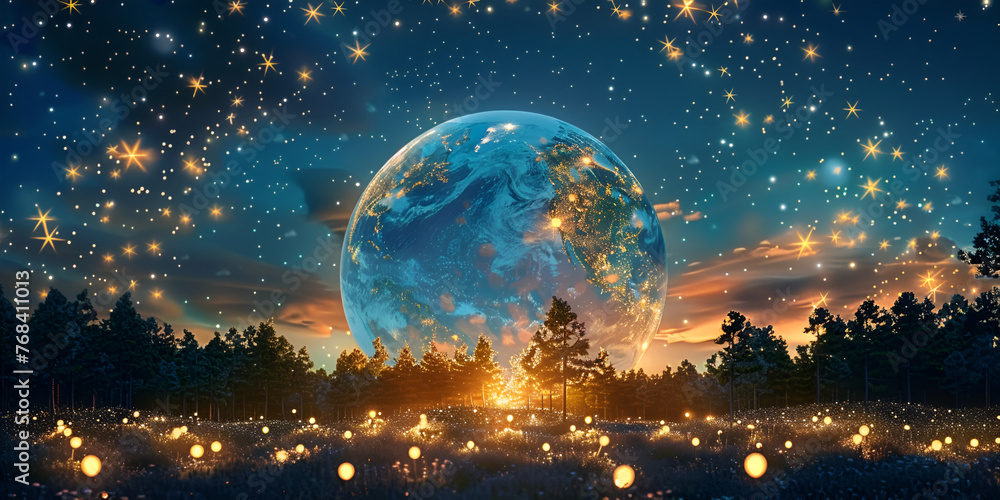 Globe and moon on starry sky under night city light and sea lagune water fantasy surrealism.AI Generative
 - obrazy, fototapety, plakaty 