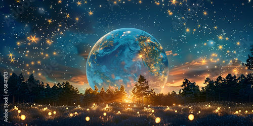 Globe and moon on starry sky under night city light and sea lagune water fantasy surrealism.AI Generative 