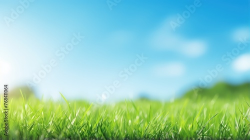 Green grass field and blue sky create a summer landscape background with a blurred effect.