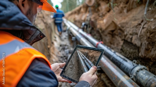 Engineer holding a tablet is inspecting the installation and laying of heating pipes in a ditch at the construction site. Install an underground drainage system of main water and sanitary wastewater. photo