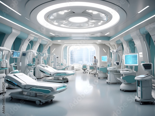 A futuristic hospital scene featuring innovative medical technology in a 3D animation.