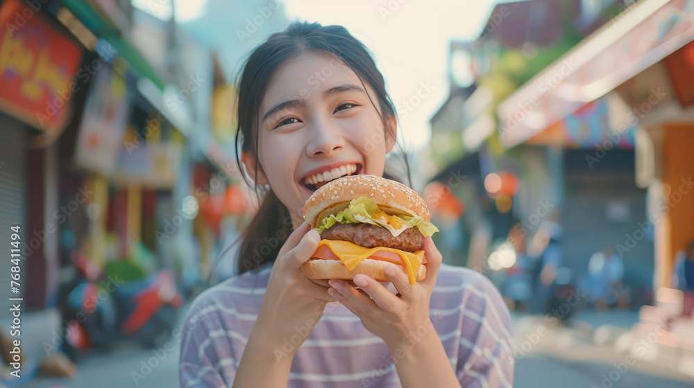 A beautiful funny Asian woman eating a hamburger outdoors on the street, street food background. A beautiful funny Asian woman eating a hamburger outdoors on the street, street food background.