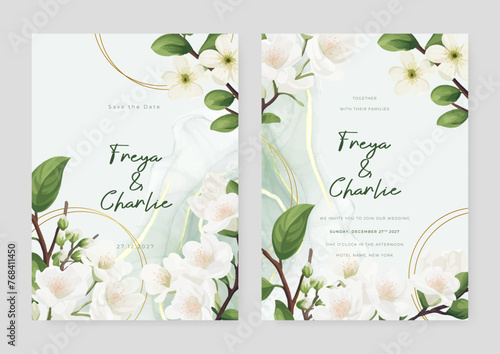 White orchid artistic wedding invitation card template set with flower decorations